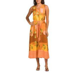 LA RAGAZZE Made In Italy Linen Blend Sleeveless Floral Striped Belted Maxi Dress